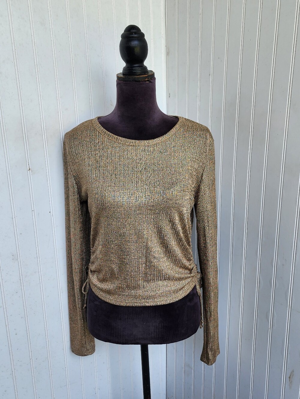 Ruby & Lace Women's Top Tan Gold Metallic Ribbed Round Neck Side Tie XL
